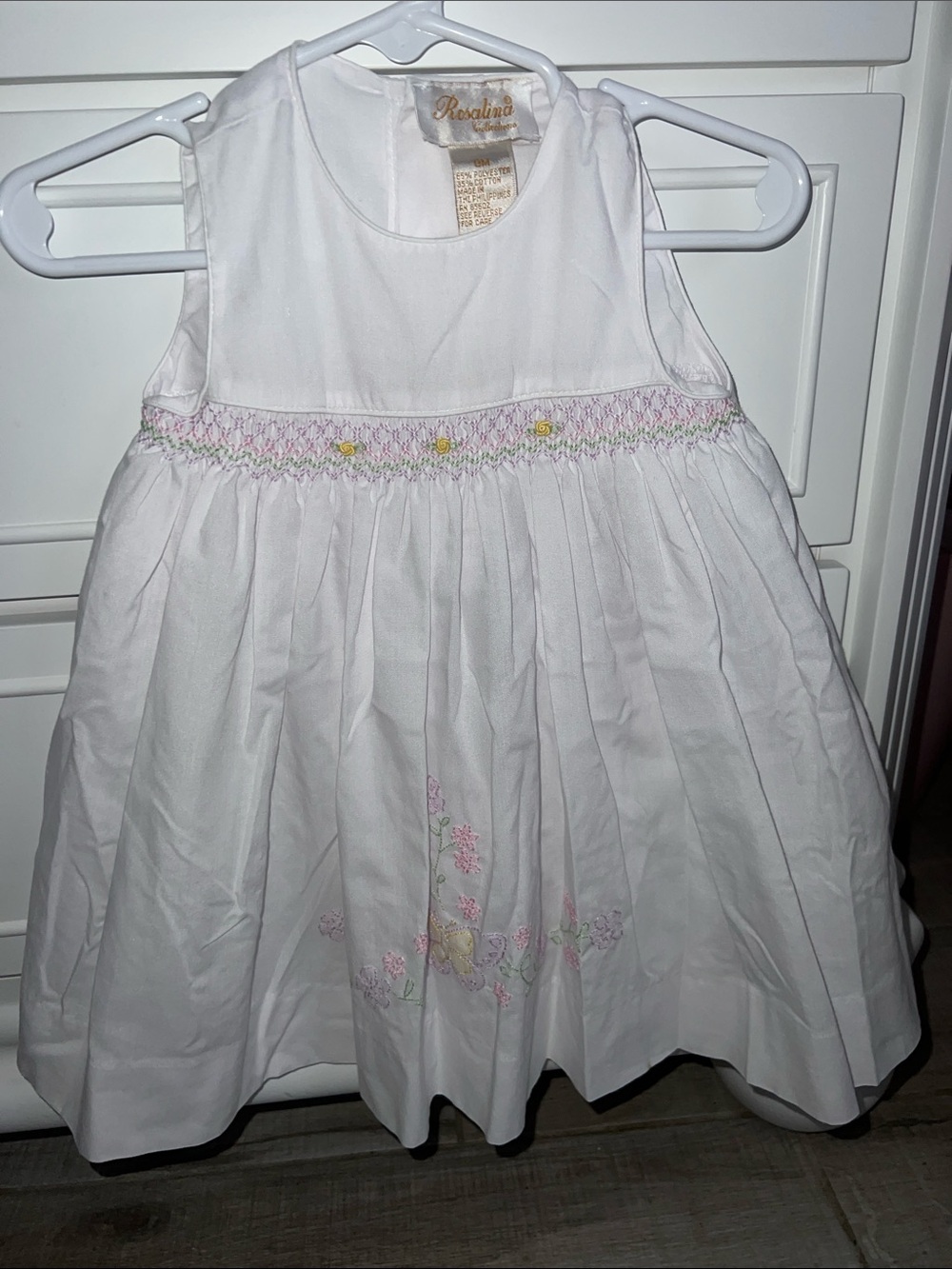 Rosalina collections White Sleeveless Smocked Baby Dress Pink Embroidery NWOT